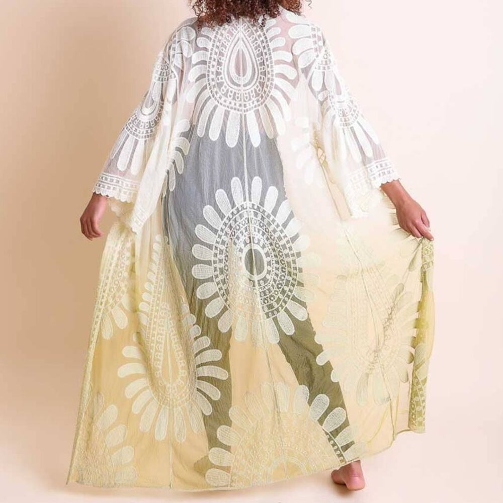 Ombre Lace Kimono Cardigan Yellow White Long